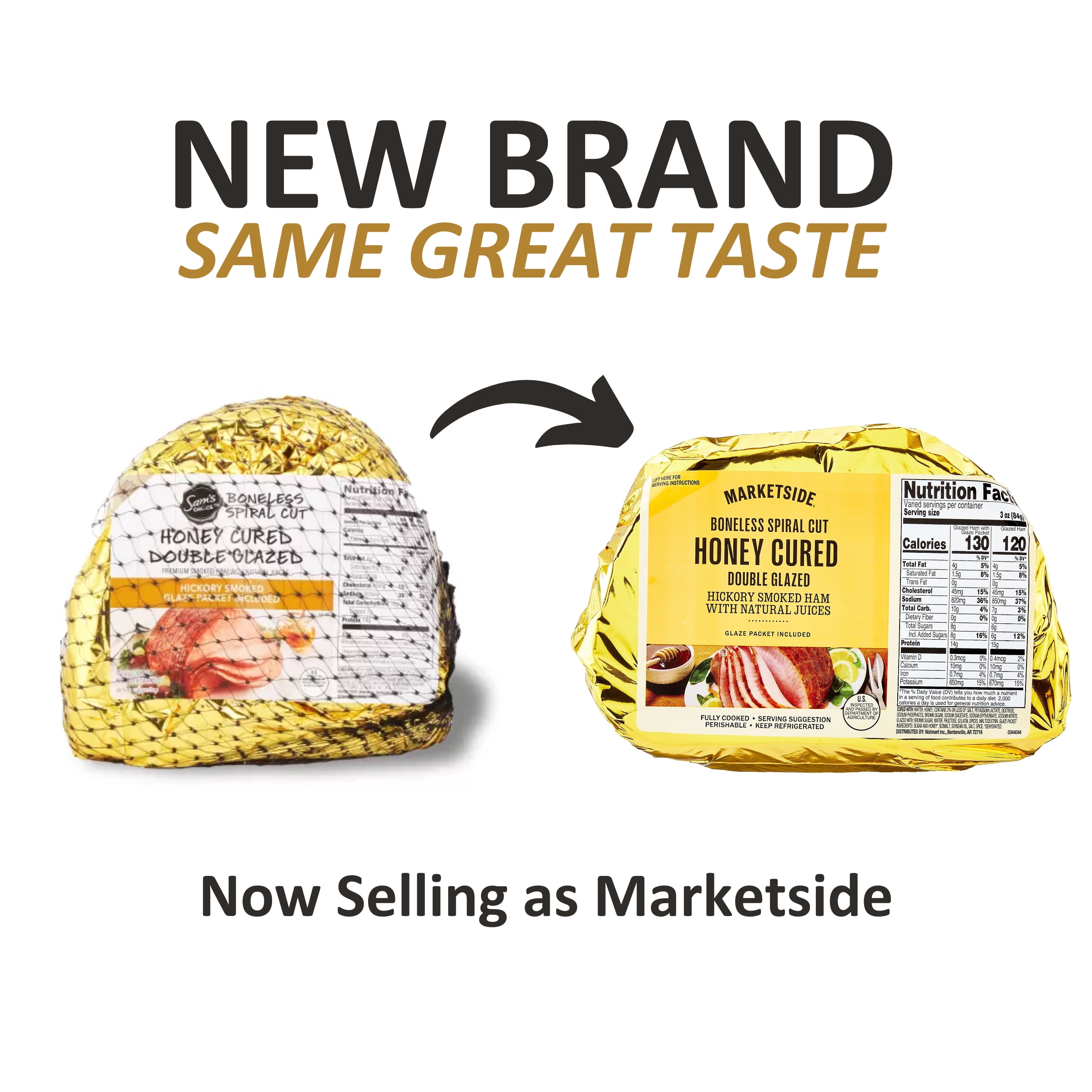 Marketside Natural Juice Boneless Spiral-Cut, Honey Cured Double Glazed Ham, Whole Muscle Cut, Pork, 3 - 4.8 lbs, 13g grams of protein per serving