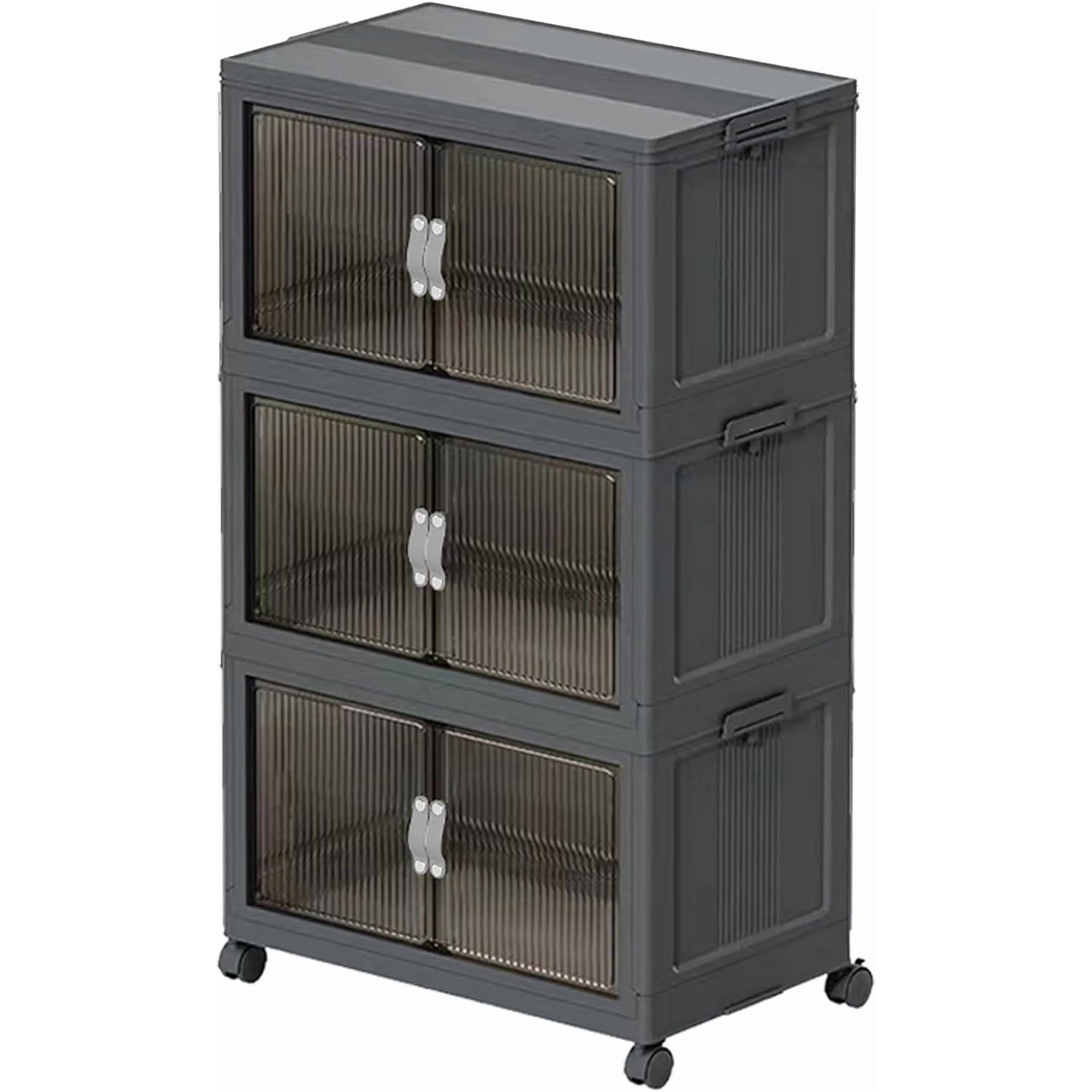Collapsible Storage Bins with Lids and Front Doors Heavy-Duty Stackable Plastic Organizers Folding Utility Storage Boxes for Garage Office Pantry and Home (3 Dark Grey 9 Gal/Rack)