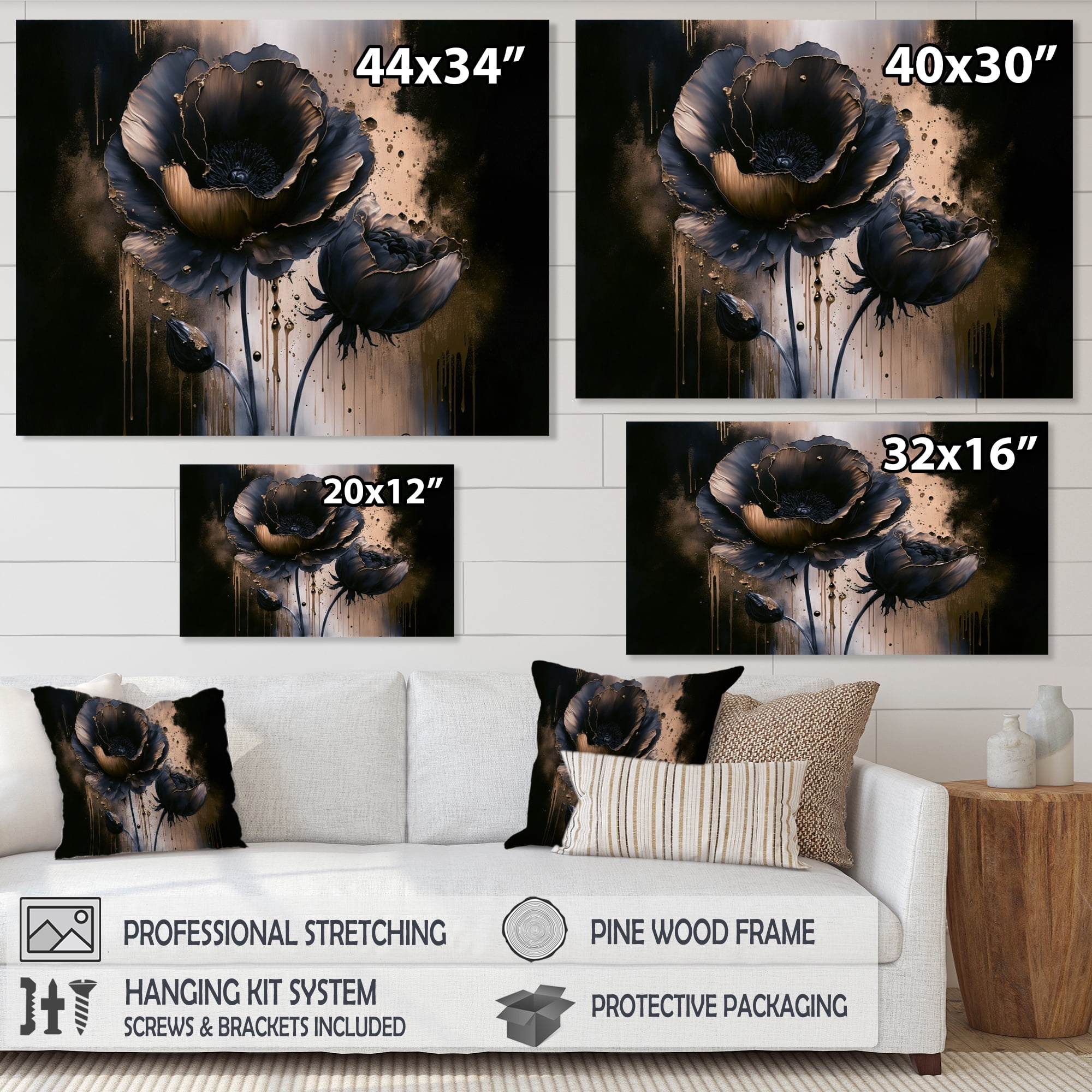 Designart Black And Gold Popy Flowers I Canvas Wall Art
