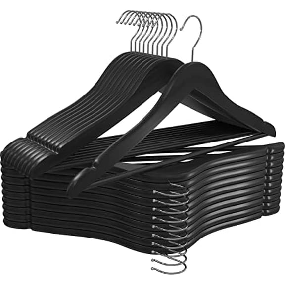 Premium Wooden Hangers 20 Pack - Durable & Slim Coat Hanger - Suit Hanger with 360-Degree Rotatable Hook - Wood Hangers with Shoulder Grooves (Black Color)