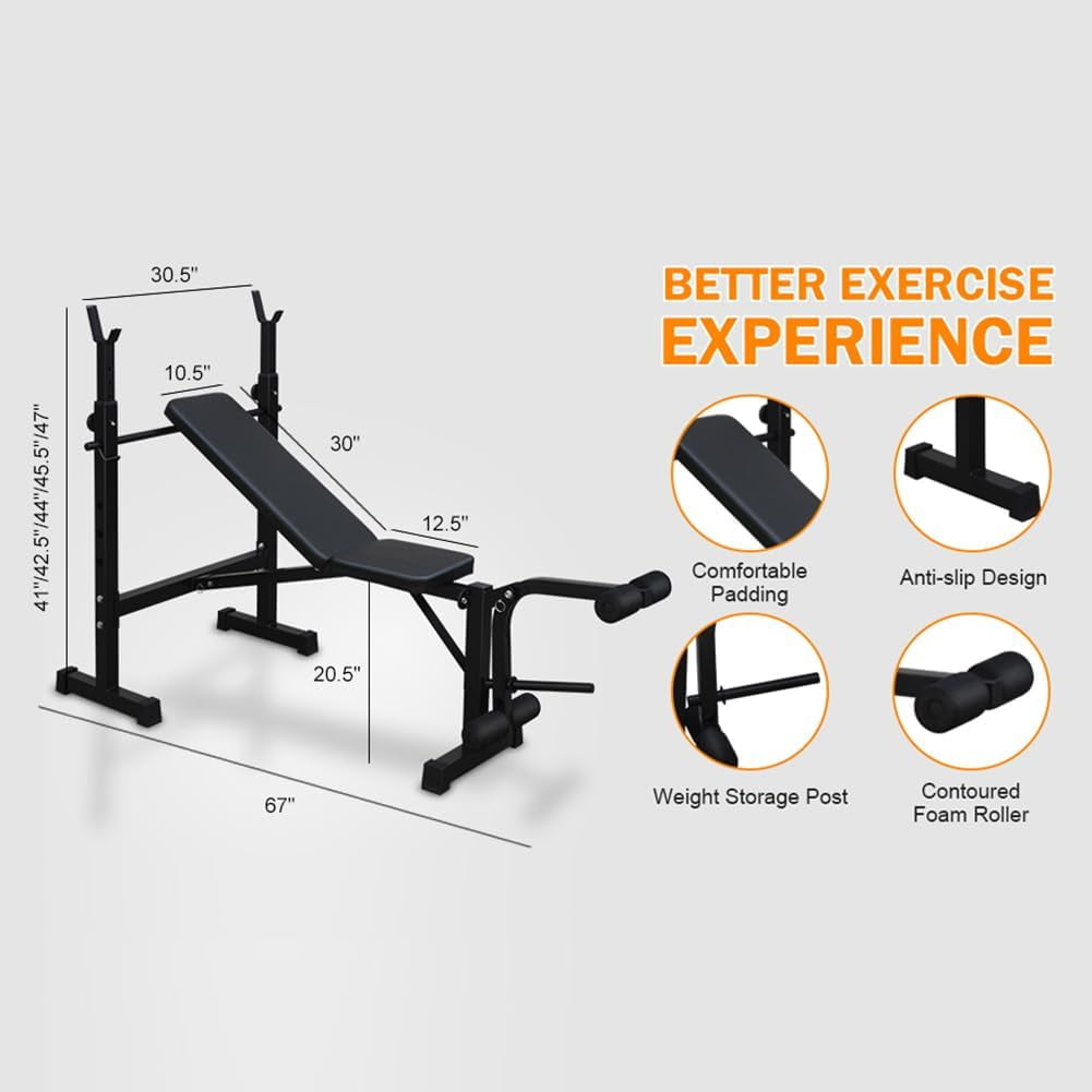 Seizeen Weight Bench Set for Home Gym, Foldable Workout Bench with 5-level Barbell Squat Rack & Leg Developer, Multi-Function Workout Strength Training Equipment Space-saving