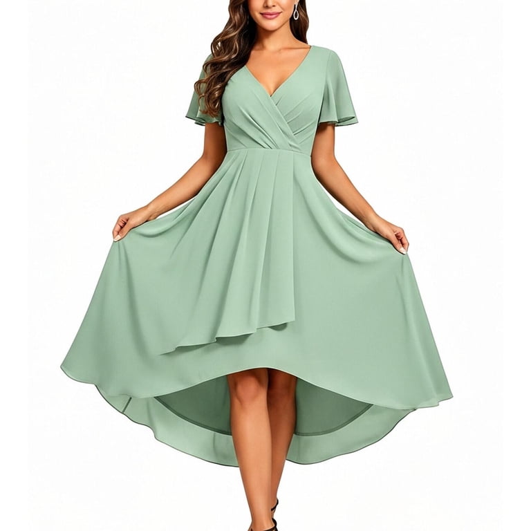 green formal dresses for juniors YestheTOYS Lime Flowy Date Night Gowns Evening Dressy Ladies Fall Summer Short Sleeve V Neck Chiffon Long Midi Long Dresses puff sleeve dresses
