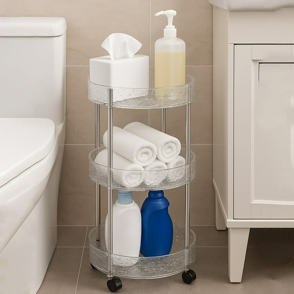 3-Tier Round Kitchen Bathroom Living Room Shelf 24x12x12 Inch, Transparent Storage Cart with Wheels Mobile Organizer