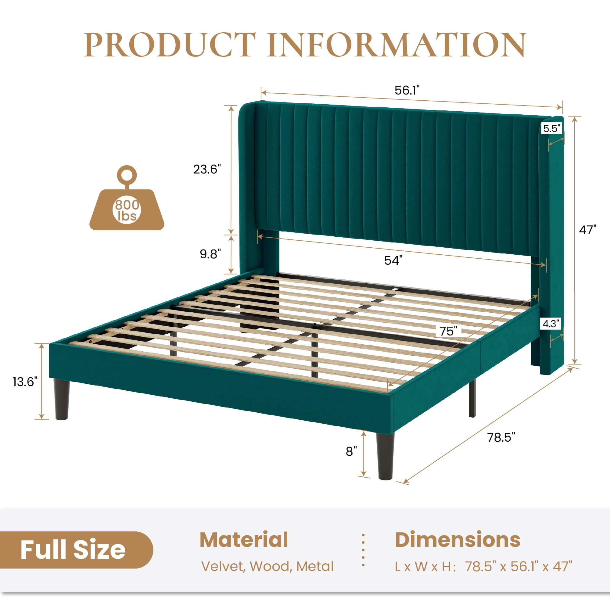 Sha Cerlin Full Size Upholstered Platform Bed Frame with Velvet Channel Wingback Headboard, Lake Blue