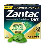 Zantac 360 Maximum Strength Prevents & Relieves Heartburn Cool Mint 20mg Tablets /Acid Reducer 50ct