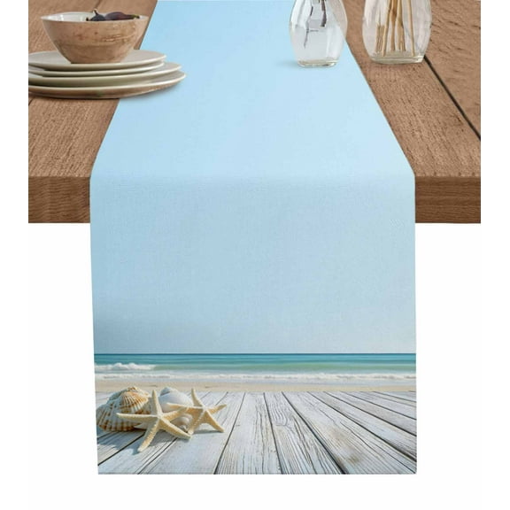 Summer Beach Table Runner Cotton Linen 72 Inch Holiday Dresser Scarves, Ocean Coastal Starfish Seashells Blue Sky Tablerunner for Kitchen Coffee Dining Bedroom Dinner Scarf Décor 13''x72''