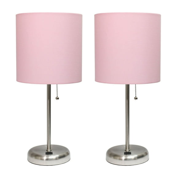 LimeLights Lampe Décorative pour la Maison avec Port de Charge USB, Abat-Jour en Tissu Rose Clair et Base en Acier Brossé - Ensemble de 2