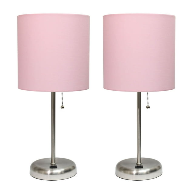 LimeLights Home Decorative Stick Lamp with USB Charging Port, Light Pink Fabric Shade and Brushed Steel Base - 2 Pack Set
