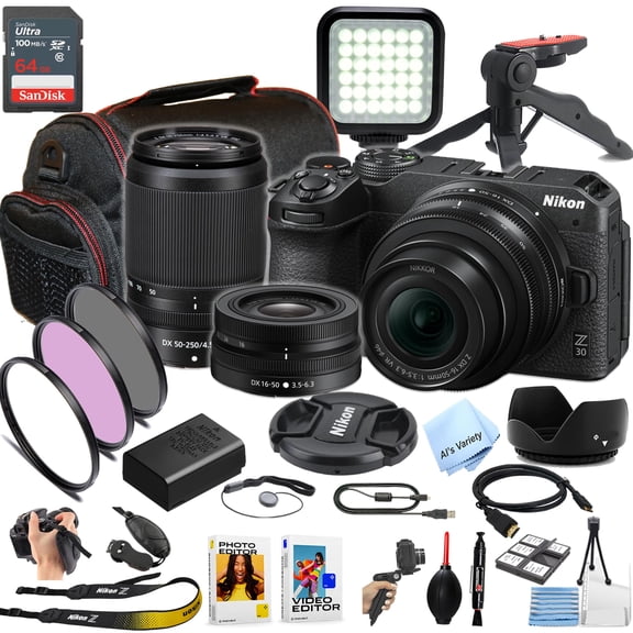 Nikon Z30 Mirrorless Digital Camera W/Nikkor Z 16-50mm & 50-250mm Lenses   64GB Memory, LED Light, Filters, Case, Gripod, and More (Content Creator Bundle)(International Model)