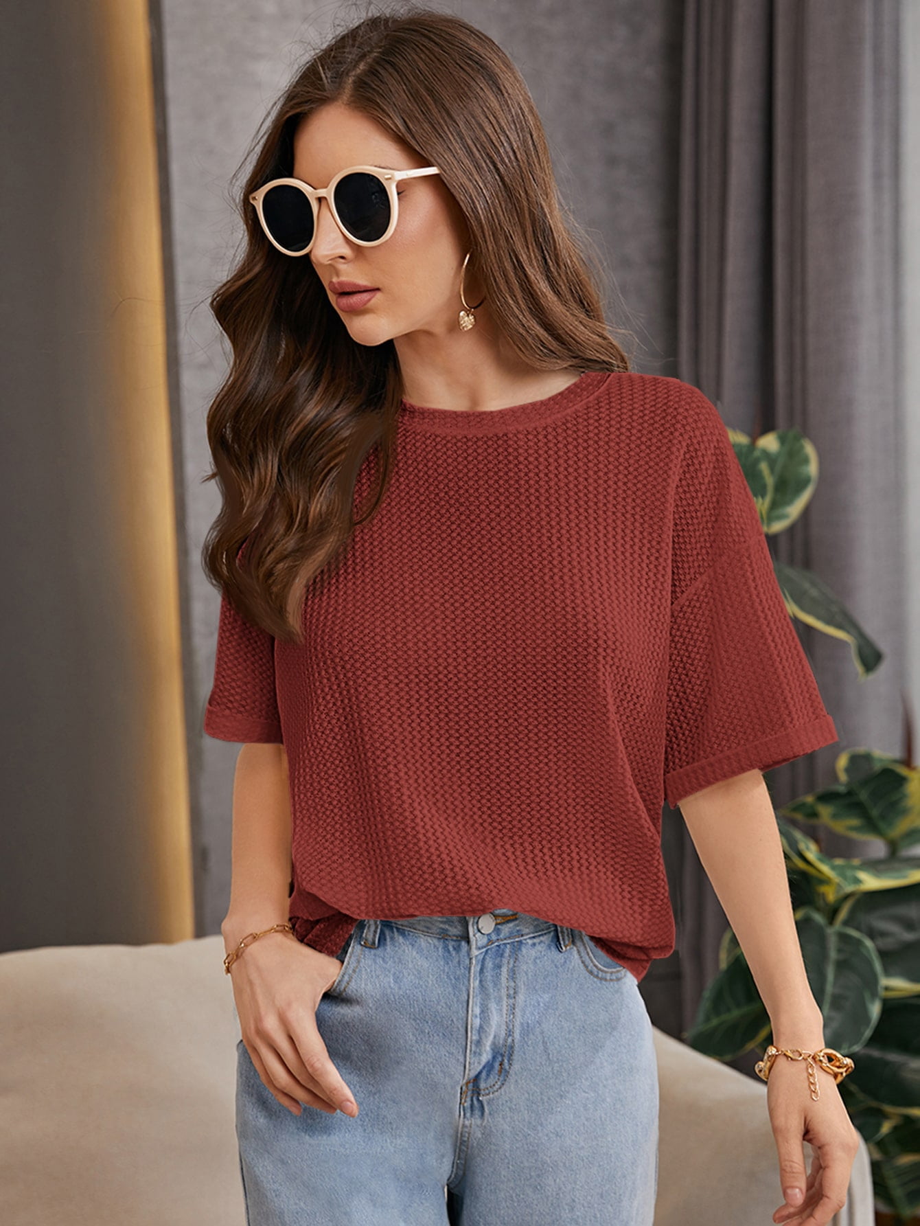 Drop Shoulder Waffle Knit Tee XS 