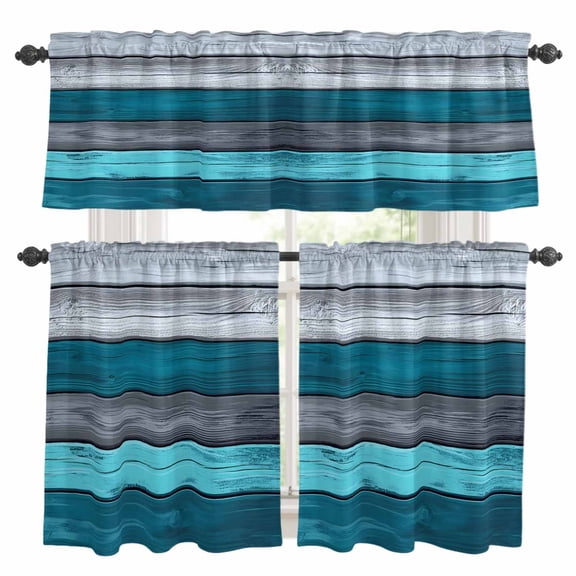 Farmhouse Aqua Blue Grey Kitchen Curtains Sets for Windows 36 Inch Length, Country Vintage Wooden Rod Pocket Window Treatments Tier Curtains and Valances Set for Bedroom/Bathroom