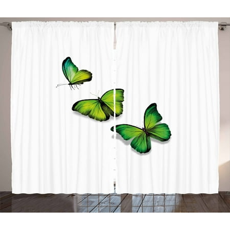 Green Curtains 2 Panels Set Three Vibrant Butterflies On White