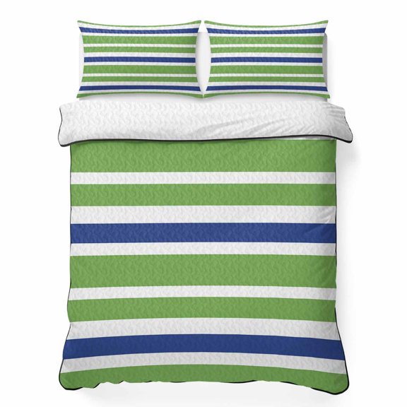 Green Blue 3 Piece Quilt Bedding Set with 2 Pillow Shams, White Stripe Lightweight Bedspread Coverlet, Soft Breathable All Season Quilt, 68 x 98 Inch