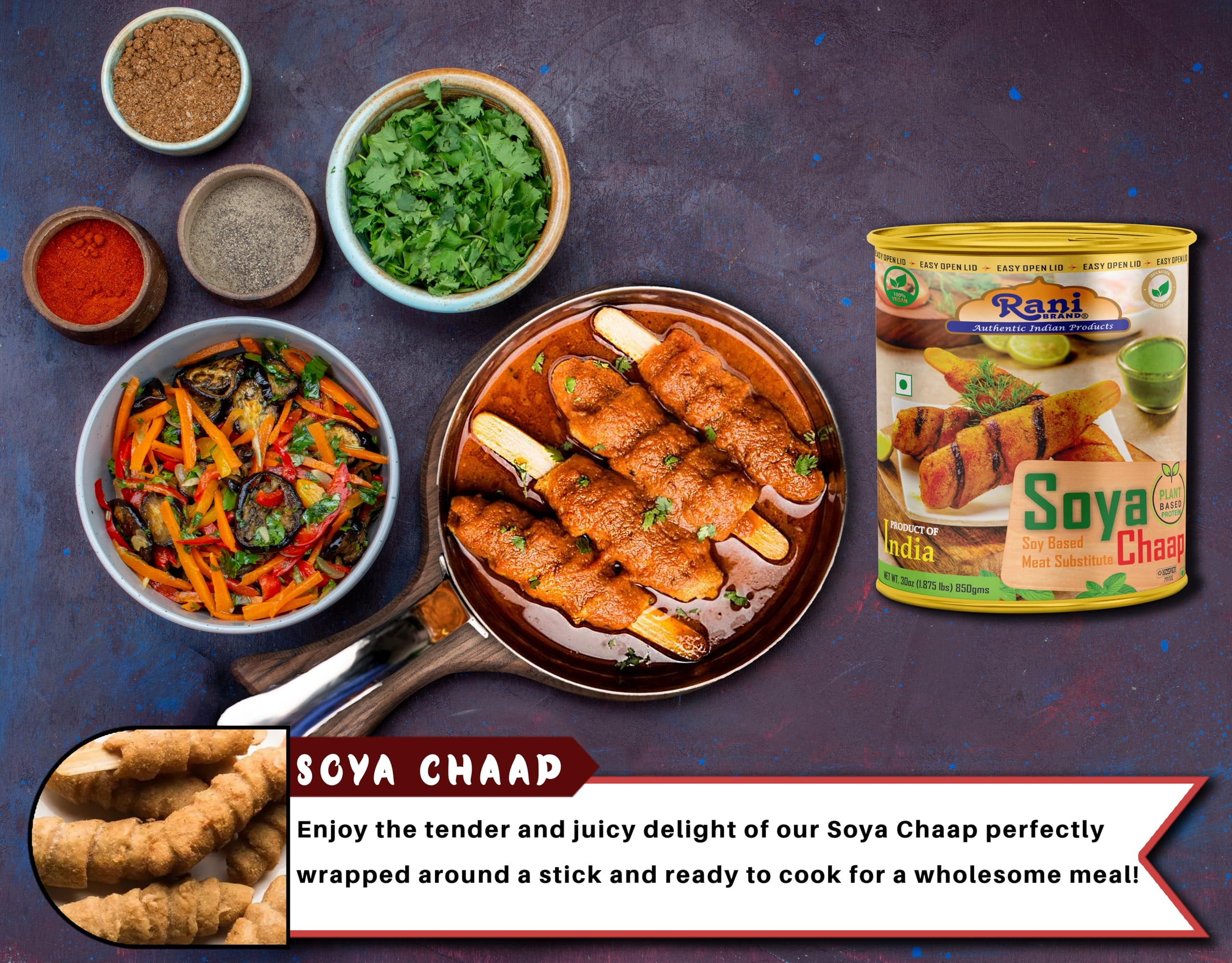 Rani Soya Chaap (Plant Based Protein) 30oz (1.875lbs) 850g, Pack of 6 ~ Easy Open Lid | All Natural | Vegan | No Colors | NON-GMO | Kosher | Indian Origin | Soy Based Meat Substitute