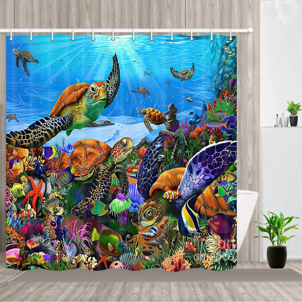 Underwater Sea Life Shower Curtain Set Ocean Turtle Fishes Bathroom