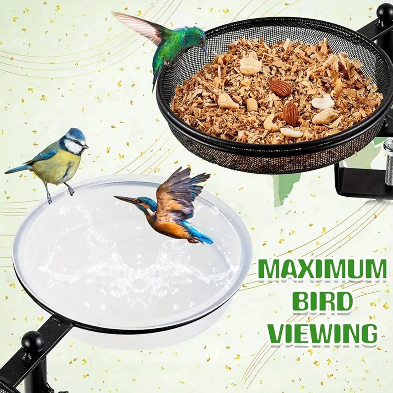 2 In 1 Outdoor Bird Feeding Station With Adjustable Clamp & Mesh Tray, Stable Bird Feeder Stand For Garden Backyard Patio Deck Balcony Fence Railing Bird Watching Gardening (K)