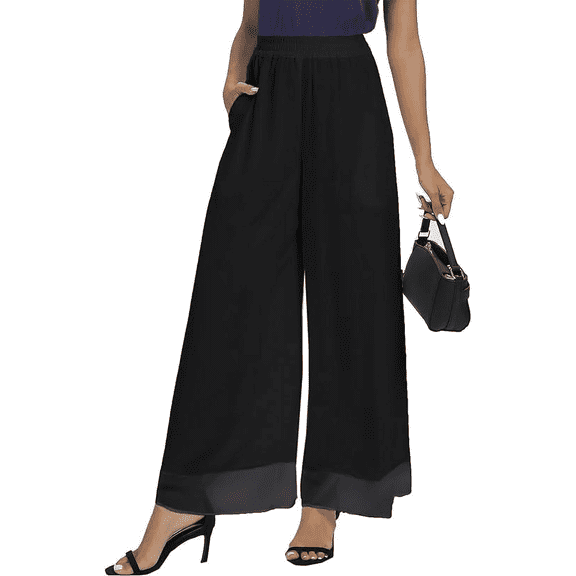 MLDRA Womens Dress Pants Palazzo Wide Leg Beach Trouser Chiffon Elastic Waist Culottes with Pockets Black Size XL