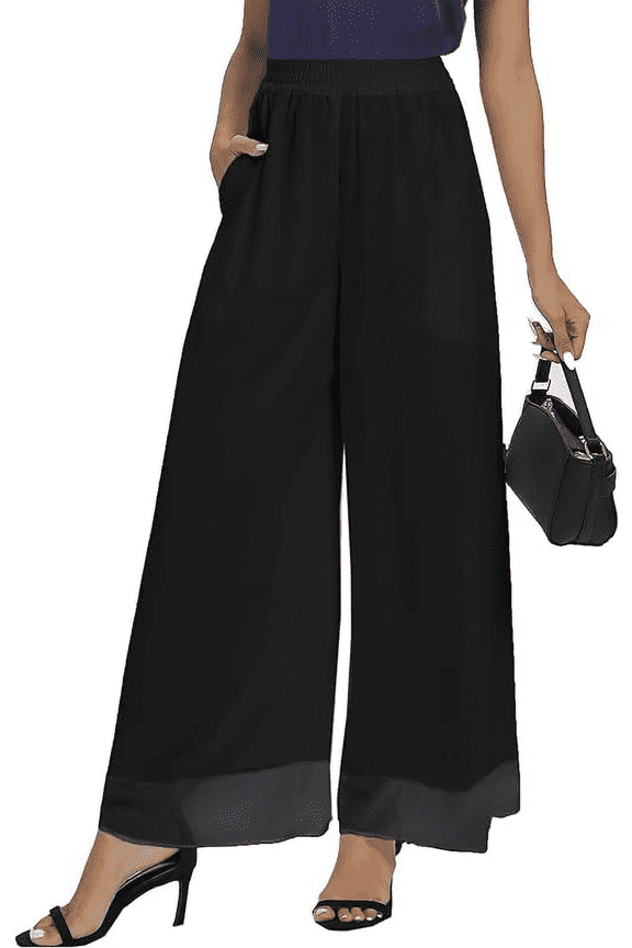 Womens Dress Pants Palazzo Wide Leg Beach Trouser Chiffon Elastic Waist Culottes with Pockets Black Size L