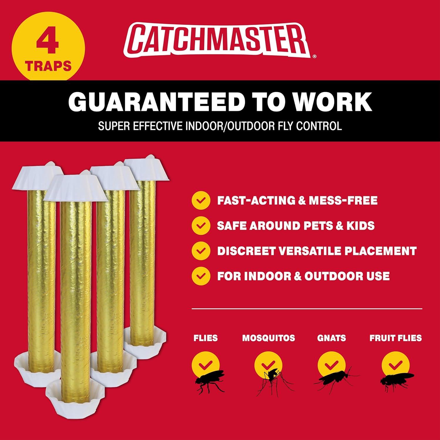 Gold Stick Fly Trap 4-Pk, Bug & Fruit Fly Traps for Indoors & Outdoors, Premium Adhesive Mosquito, Gnat, & Bug Catcher, Insect Killer, Pet Safe, Bulk Pest Control for Home