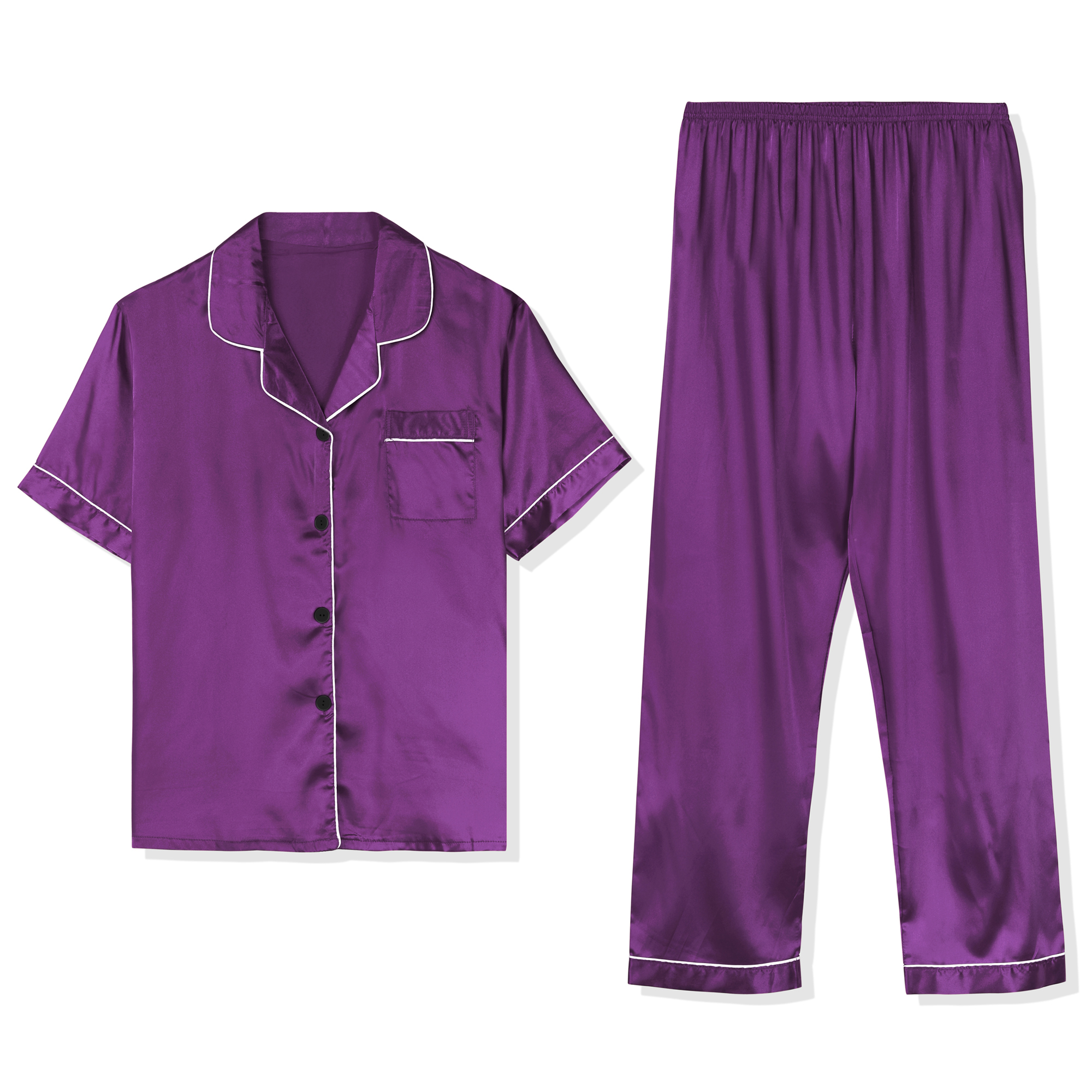 Unique Bargains Men's Button Down Satin Pajama Sets Short Sleeves Nightwear Small Purple