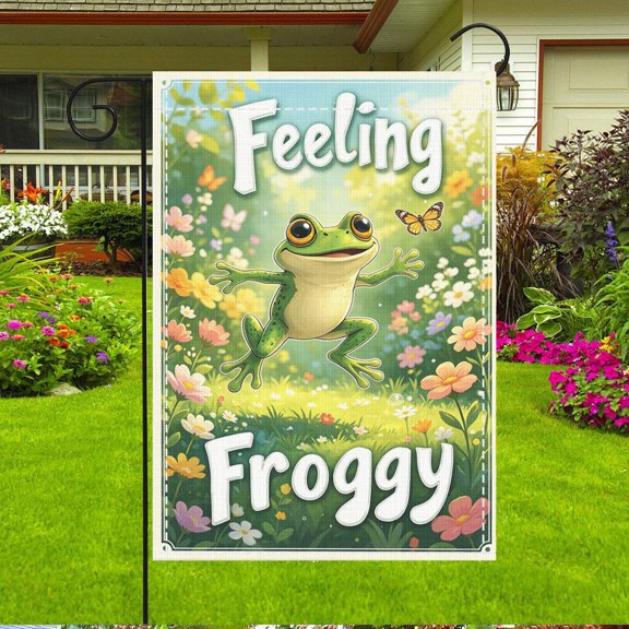 Pastoral Frog Butterfly Floral Garden Flag (12x18inch), Double Sided Print, Spring Decor, Flagpole Not Included