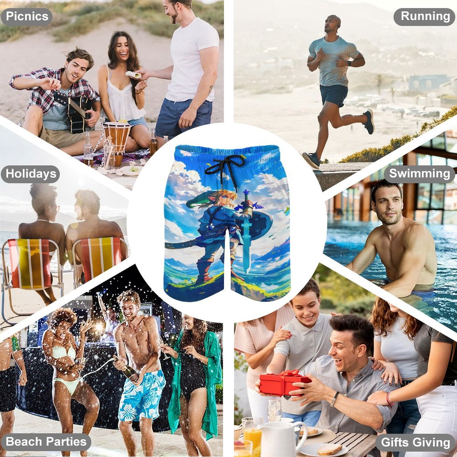 The Legend of Zelda Men's Shorts Quick Dry 3D Printed Beach Men's Swim Trunks with Pockets Mesh Lining Bathing Beachwear M
