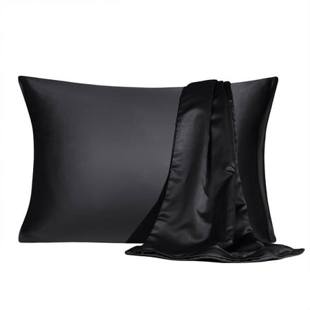 Satin Pillowcase Set - Satin Pillowcase with Zipper Queen Size Set of 2 Silky Sateen Pillow Cases Covers Black