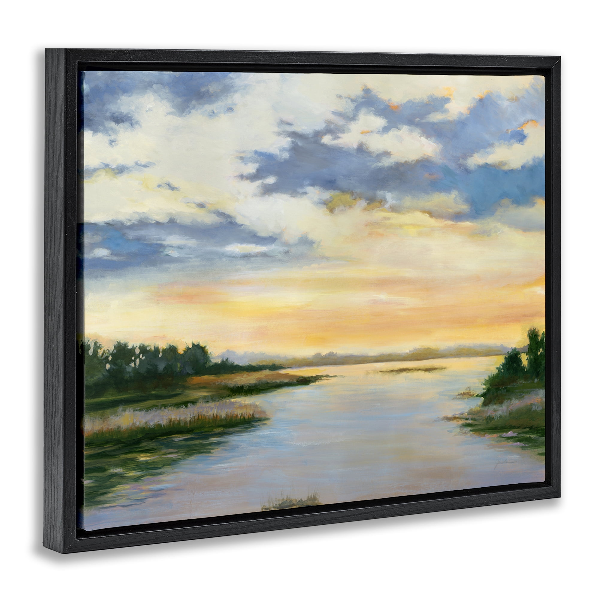 Stupell Industries Sunrise Over Shallow Water Landscape & Nature Painting Black Floater Framed Canvas Art Print Wall Art, 21 x 17