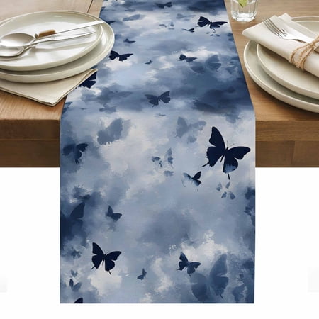 Blue Butterfly Cotton Linen Table Runner Foggy Navy Blue Butterfly Silhouette Dining Table Runners for Home Decor Party Dining Room Restaurant Kitchen Party 13 x 108