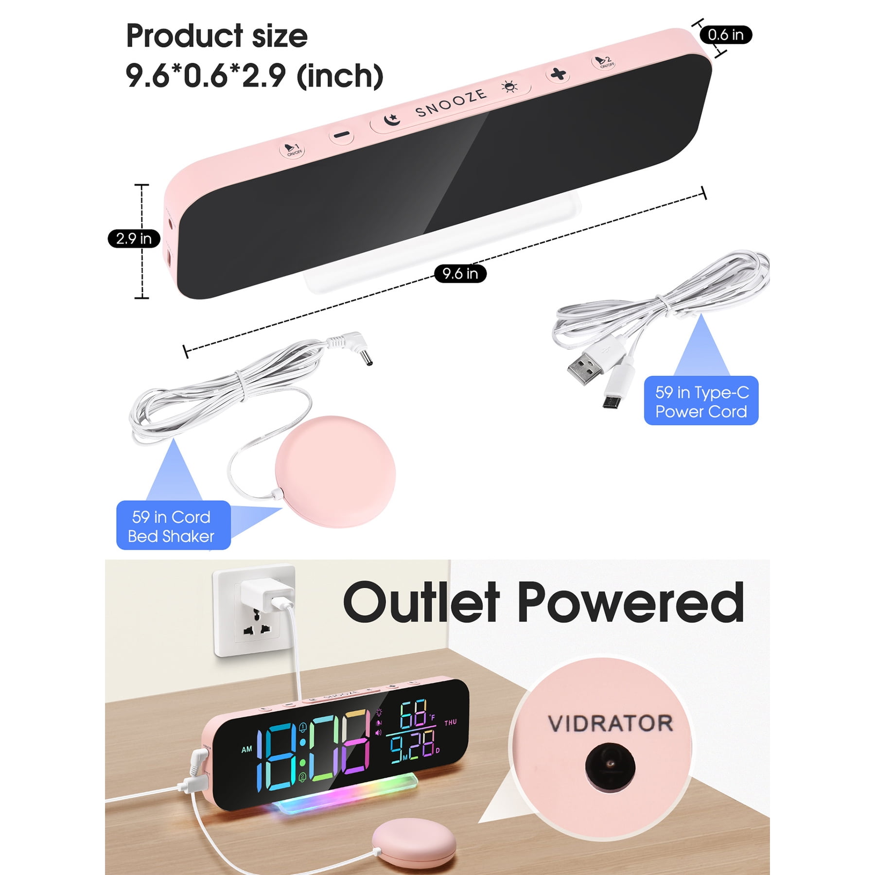 ITIGOITIE Extra Loud Vibrating Alarm Clock,Adjustable Volume,Dimmer,Large LED Digital with RGB Night Light for Bedrooms,Kids,Teens(Pink)