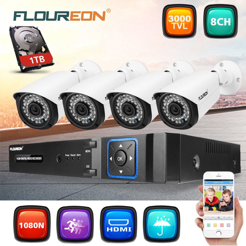 FLOUREON 8CH House Camera System DVR 1080N AHD + 4 X 3000TVL 2.0MP Outdoor/Indoor Bullet Home
