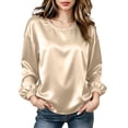 thumbnail image 2 of VBVC Women's Crewneck Satin Blouse , Ladies' Long Sleeve Silk Top , Casual Loose Fit Dressy Shirt For Women, Gold , S-3XL, 2 of 9