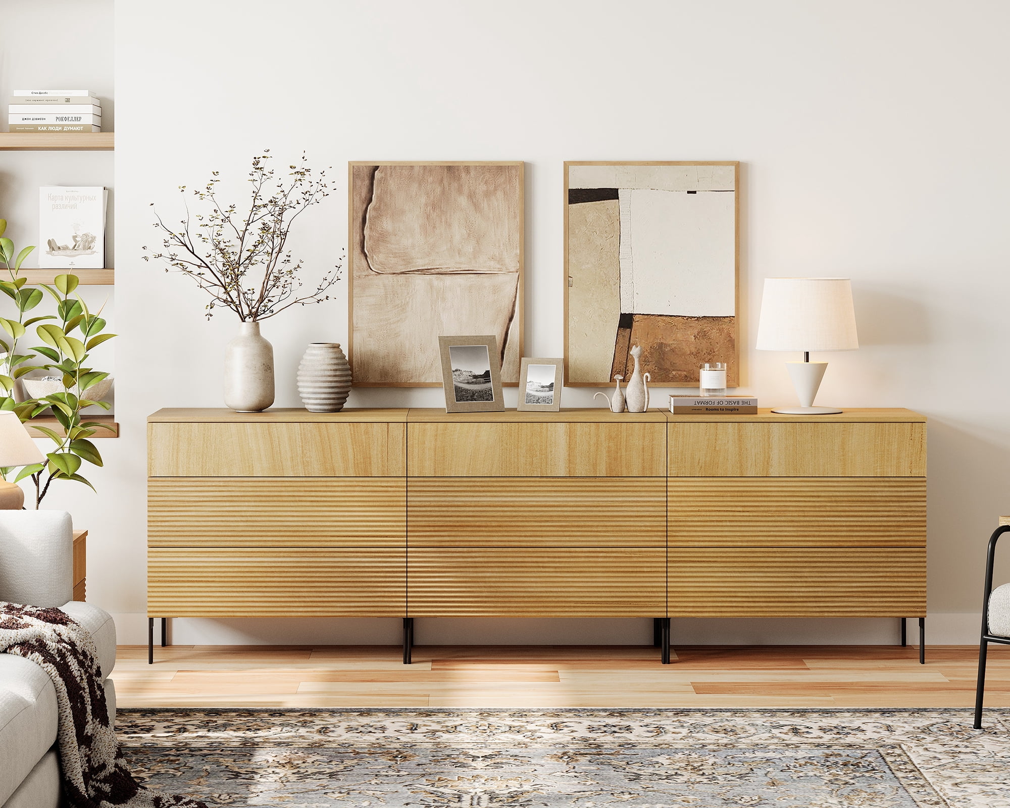 94.5" Wood Accent Chest Set with Drawers, Modern Credenza Storage Cabinet with Reeded Design for Living Room, Kitchen, Dining Room, Hallway