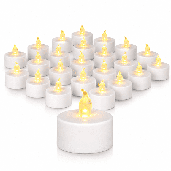 Battery Tea Lights Candles Set of 24: Flickering flameless Realistic Tealights with Warm Yellow Light Candle Light for Festivals Parties Halloween Warm Atmosphere