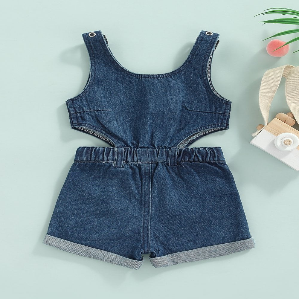 Baby Girls Denim Romper Shorts Sleeveless Jumpsuit Hollow Out Playsuit Overalls