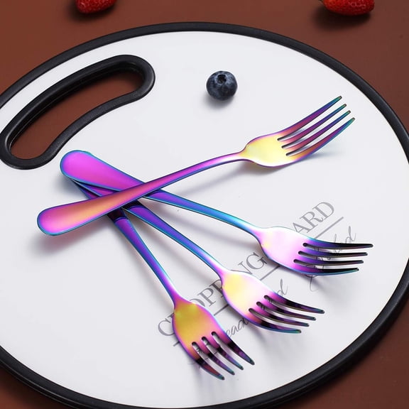 Rainbow Dinner Forks Set of 4, Stainless Steel Titanium Multi-Color Plating Fork Set, Colorful Forks And Spoons Silverware, Table Forks Set Sturdy And Dishwasher Safe