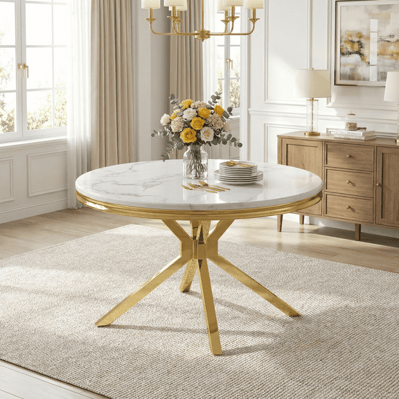 46.8" Round Dining Table for 4 People, Modern Faux Marble Kitchen Table with Stainless Steel Legs, Dining Table for Small Space, Apartment