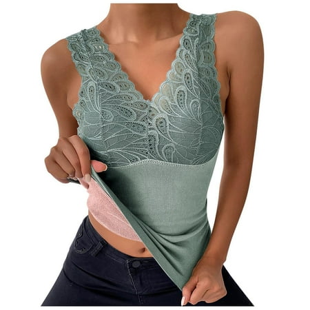 

Didtye Women Solid V Neck Lace Trim Padded Vest Thermal Underwear Plus Velvet Base Shirt