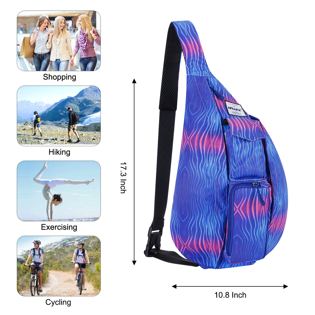 HAWEE Sling Bag Waterproof Backpack or Crossbody Daypack Hiking Backpack Chest Sports Travel Bags for Women, Blue Water Ripple - image 5 of 7