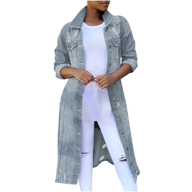 CEHVOM Trench-Coat Long en Denim Décontracté pour Femmes Mi-Long