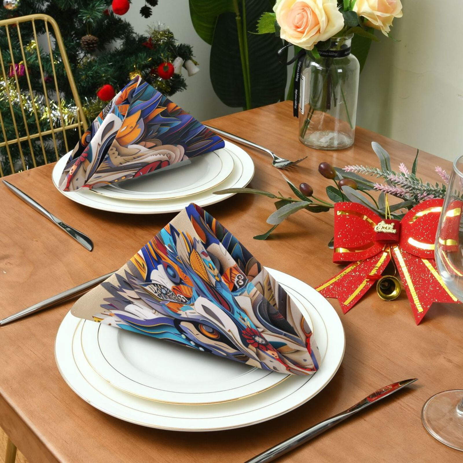 JSTEL Colorful Wolf Head Cloth Napkins Set of 6, 20x20 Inch Washable and Reusable Napkin for Decoupage Dinner Party Everyday Use