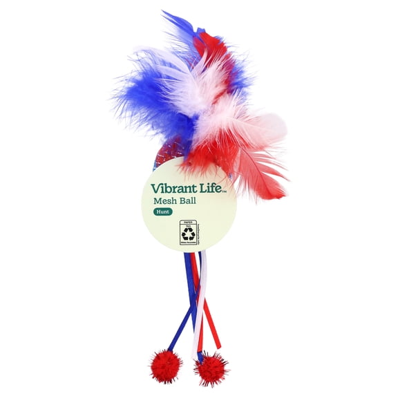 Vibrant Life Red/White/Blue Mesh Ball with Feathers Cat Toy
