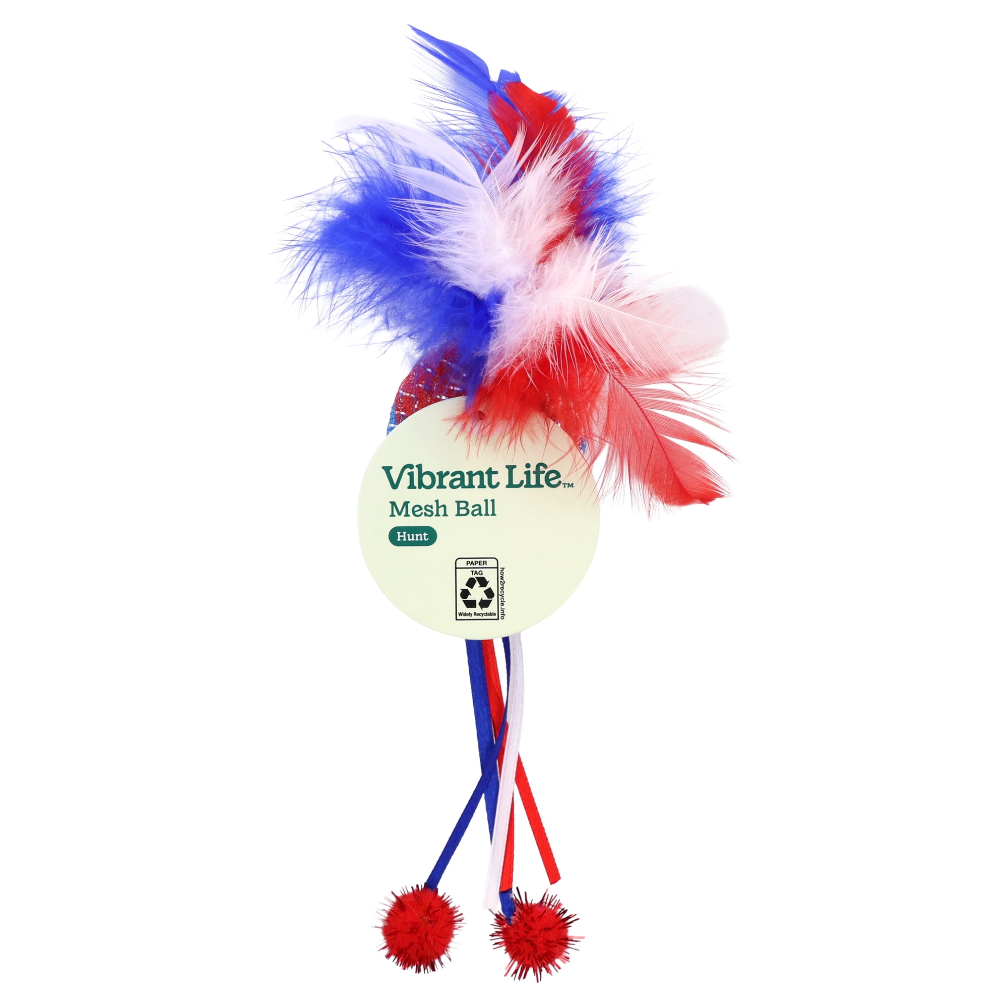 Vibrant Life Red/White/Blue Mesh Ball with Feathers Cat Toy