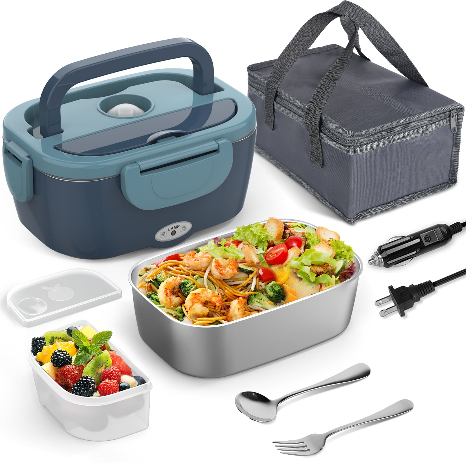 WisaKey Electric Lunch Box 60-80W, 12V/24V/110V Portable Food Warmer - 304 Stainless Steel Heated Lunch Box , Carry Bag - Car, Truck, Work