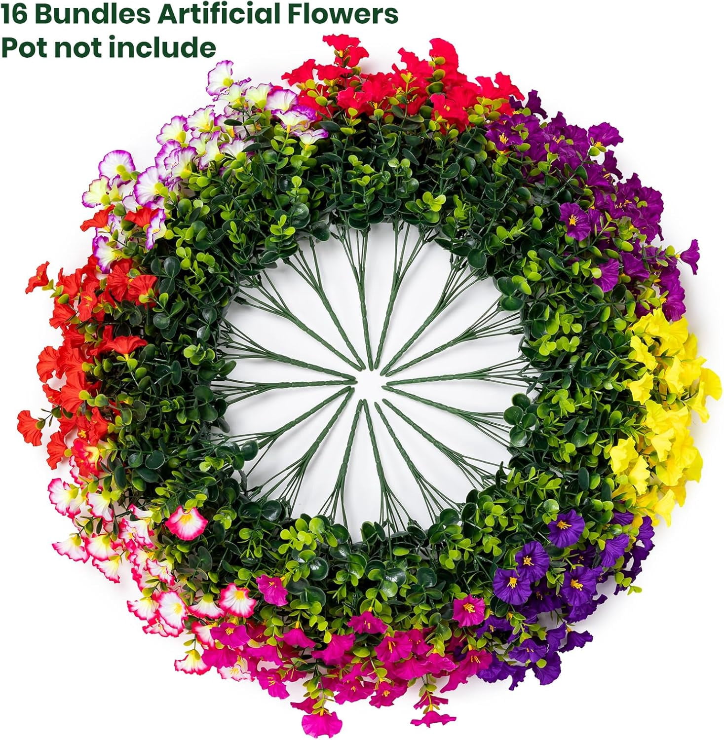 Artificial Fake Flowers Plants for Outdoors Decoration, 16 Bundles Silk Colorful Morning Glory UV Resistant Realistic Faux Flower for Outside Planter Porch Patio Yard Balcony (8 Color)