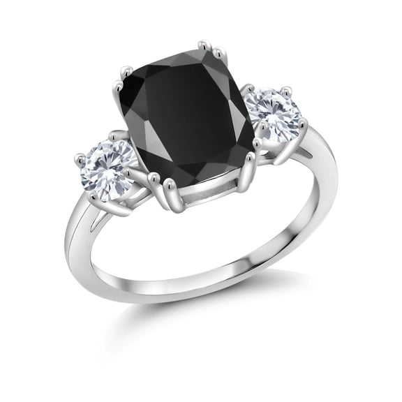 Gem Stone King 3.39 Cttw Black Onyx and White Moissanite 3-Stone Ring for Women | 925 Sterling Silver | Cushion Cut 10X8MM and Round 4.5MM | Wedding Engagement Anniversary Promise Ring| Size 8
