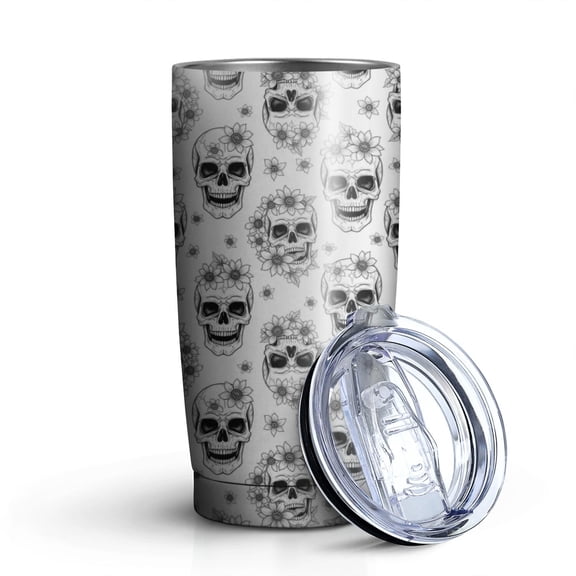 20oz Tumblers White Floral Skull Pattern Stainless Steel Vacuum Insulated Double Wall Travel Tumbler Cups Mug with Lid and Straw,Cleaning Brush for Cold & Hot Drinks