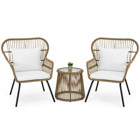 Best Choice Products 3-Piece Outdoor All-Weather Wicker Conversation Bistro Furniture Set with 2 Chairs and Glass Top Side Table, (Best Choice Furniture In Opelousas)