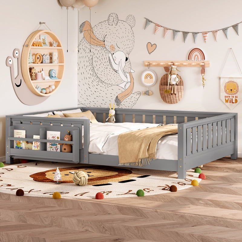 Bellemave Queen Size Floor Bed with Bookshelf, Wood Montessori Beds with Slats and Safety Guardrail, Low Profile Queen Bed Frame with Fence, No Box Spring Needed (Gray)