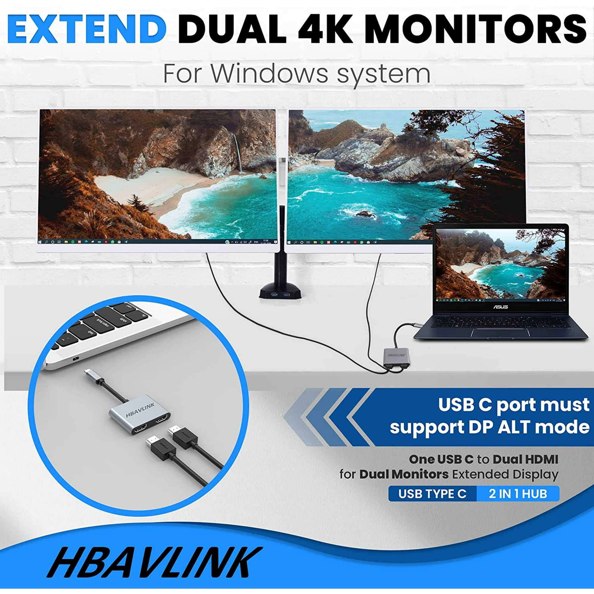 Adaptateur USB C vers double HDMI pour double moniteur 【 avec câble HDMI 2  pack 】, adaptateur double moniteur BAVLINK affichage étendu double